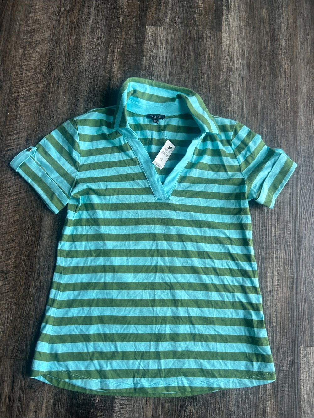 Talbots Aqua and Green Striped V-Neck Polo
